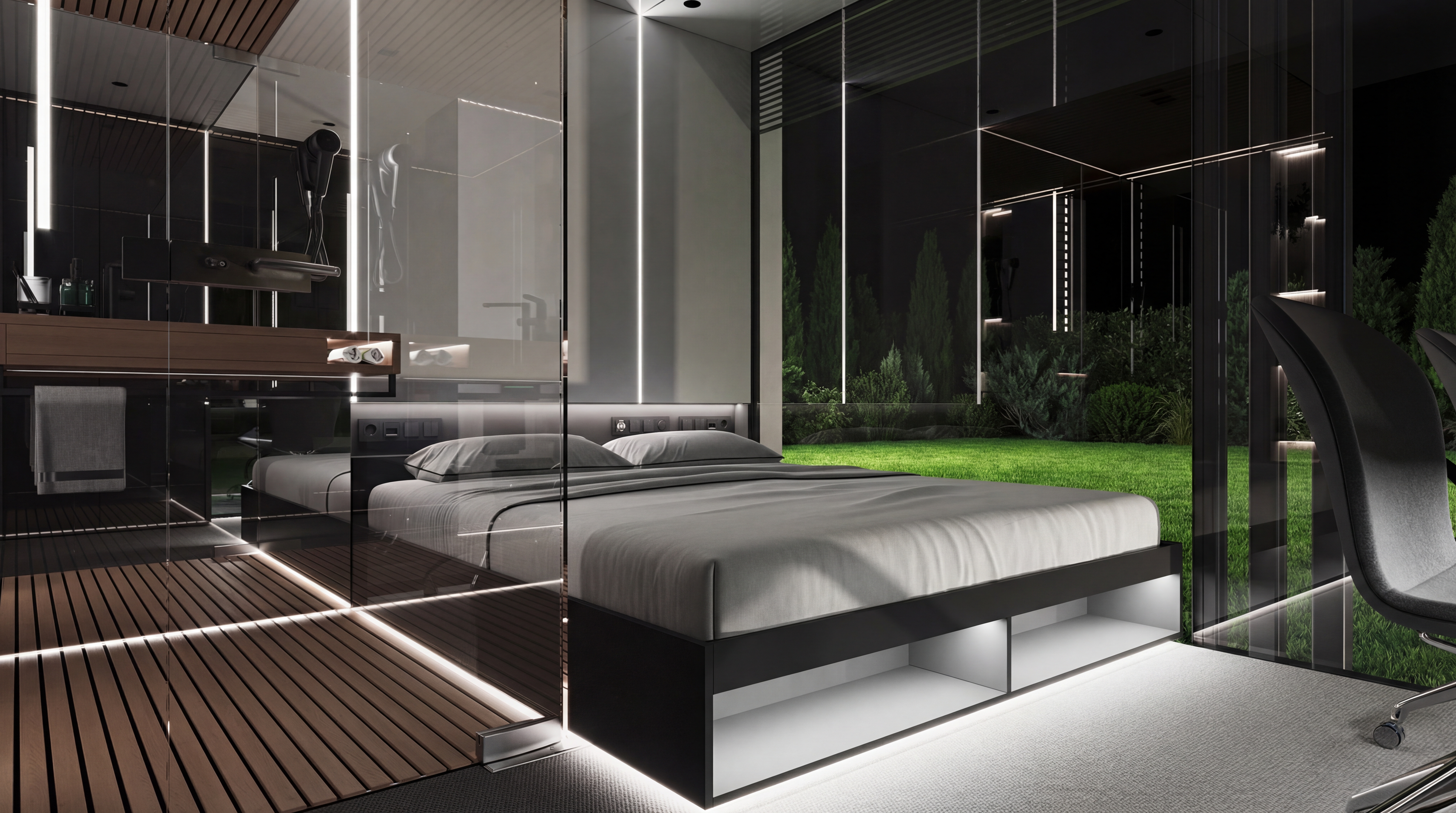 Интерьер сьюта с санузлом и SMART-остеклением